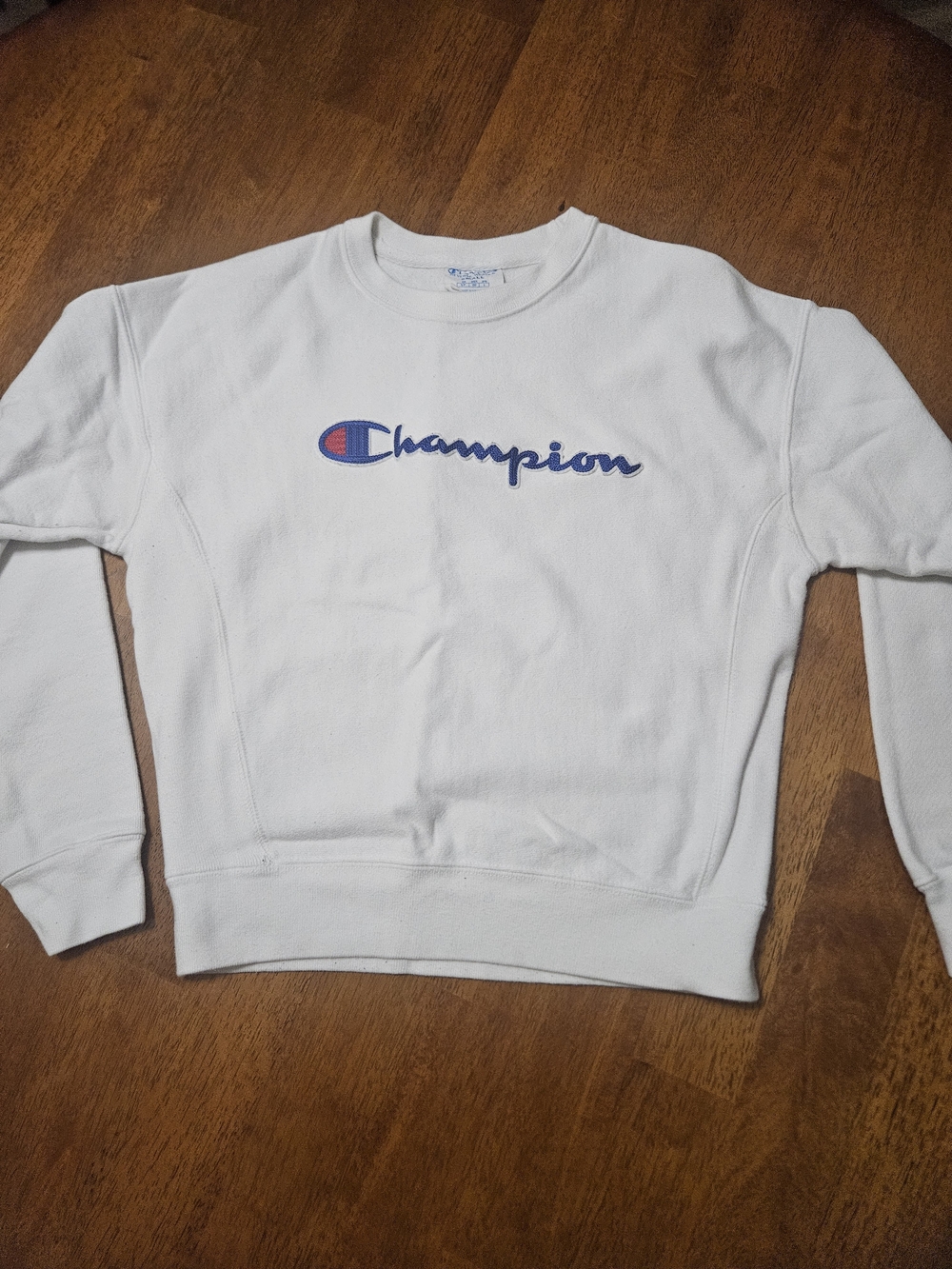 Champion White Crewneck Sweatshirt with Blue Logo